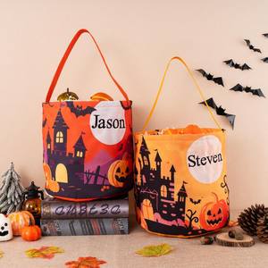 Cubo de dulces personalizado para Halloween con asa, cesta redonda de calabaza de terror, bolsa portátil de almacenamiento con LED para niños - Product Image 1