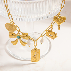 European Style Gold Plated Necklace With Heart Bowknot Eye Pendant Charms For Women Gift Jewelry Clavicle <b>Chain</b> Fashion - Product Image 4