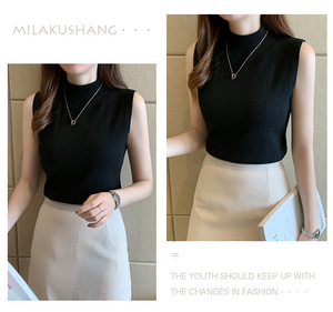Koreanische Sommer Frauen Tops Neue Freizeit kleidung Ärmellose feste Frauen Bluse Strick Elastic Fashion Damen Tops Slim High Collar - Product Image 6