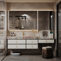 Meuble-lavabo flottant avec espace de rangement, armoire multifonctionnelle en bois massif avec portes miroir éclairées par LED et plateau en marbre