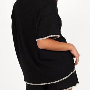 Ensemble de pyjama deux pièces tricoté pour femme, col en V, manches courtes, style décontracté, couleur unie, nouvelle collection été, vente chaude - Product Image 3