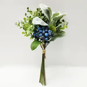 Mixed Flower Silk Artificial Decor For Home Blue Berries And Lamb Ears With Leaf And Plastic Eucalyptus Hanging Backdrop