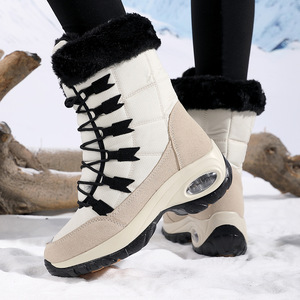 Lace Up Mid Calf Snow <b>Boots</b> Air Cushion Thick Sole Plush <b>Fur</b> Lined Warm Waterproof Outdoor Winter Sports Booties - Product Image 3