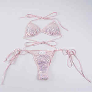 Conjunto de Bikini Rosa con Lentejuelas para Mujer, Top Triangular con Cuello Halter y Tanga con Lazos Laterales, para Playa, Fiesta, Piscina, Discoteca - Product Image 6