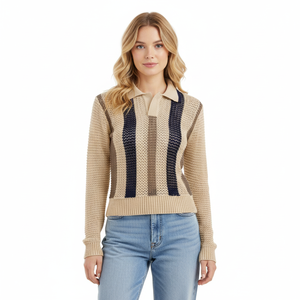 Factory Custom Women Knit Sweater <strong>Long</strong> <strong>Sleeve</strong> <strong>Polo</strong> Neck <strong>Ladies</strong> Knit Pullover Striped Jacquard Hollow-out Knit <strong>Polo</strong> <strong>Shirt</strong> - Product Image 1