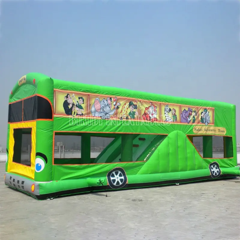 Custom Green Infla table Jump Bus, aufblasbare Bouncy Jungle Bus Combo