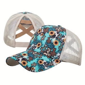 Casquette de baseball réglable à 6 panneaux Yiwulvdi BQM-794 avec queue de cheval, imprimé tournesol, maille respirante, logo avant, style papa sportif – Vente en gros - Product Image 5
