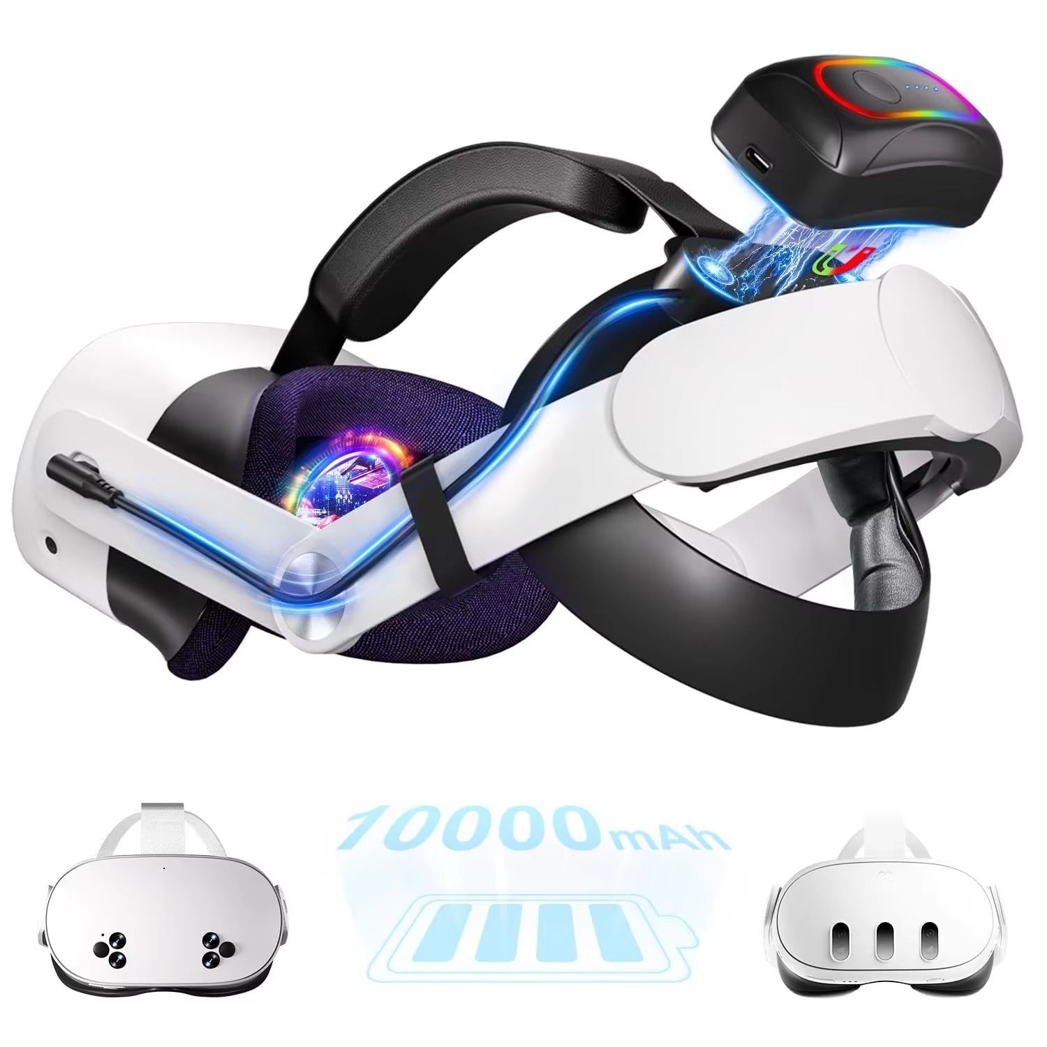 20000mAh Battery Head Strap for <strong>Meta</strong> <strong>Quest</strong> 2 <strong>3</strong> <strong>3S</strong> <strong>VR</strong> <strong>Headset</strong> with RGB Lighting and Magnetic Battery Design