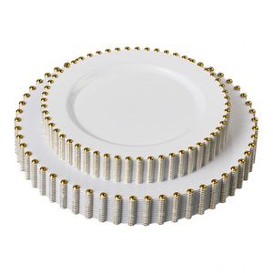 7.5 /10.5 /13 Inch Gold Beaded <b>Plastic</b> Charger Plates Clear White Heavy Duty Round Underplates Bulk for Wedding Table Decoration - Product Image 1