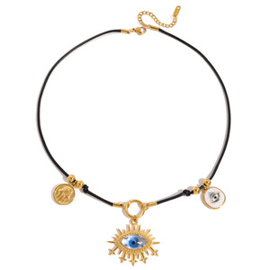 Collar con colgante de ojo turco de acero inoxidable chapado en oro con cadena de cuerda encerada negra y dijes de Hamsa y ojo para mujer, regalo - Product Image 5