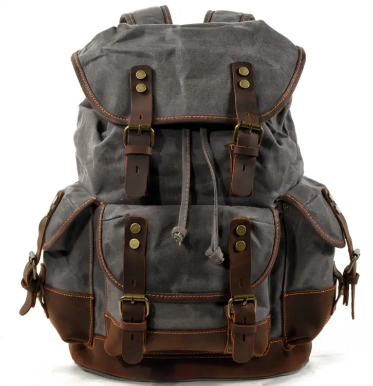 Waterproof Waxed Canvas Backpack for Men Women Travel Rucksack Leather Trimming