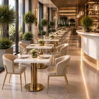Chaises de salle à manger en forme de baril de champagne, table en marbre blanc, base en piédestal doré, ensemble de meubles de bistrot et de restaurant, meubles personnalisables, OEM