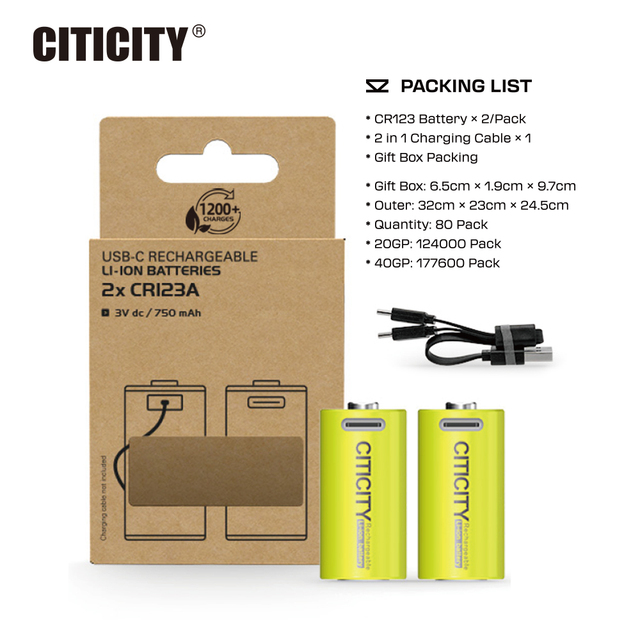 CITICITY C123A USB Rechargeable 16340 LiNiMnCoO2 Batteries (4-Pack) 2590mWh Lithium Ion 3V 1200+ Charge Cycles for Toys