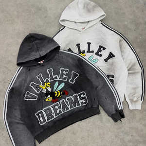 Huili axit rửa cổ điển sunfaded Hoodies và Sweatpants hai mảnh Bộ tùy chỉnh đau khổ thêu logo người đàn ông Bộ đồ thể thao - Product Image 3