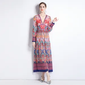 2023 otoño vacaciones estilo elegante cuello en V apretado manga larga estampado señoras Bohemia Casual vestido Maxi vestidos