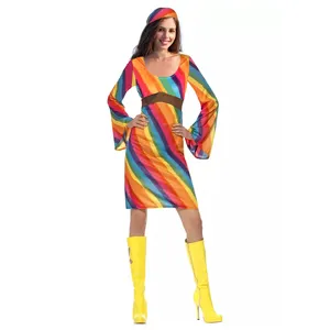 Pafu Rainbow Hippe Costume For Women Long Dress With Head-tie Cosplay Party Cloth