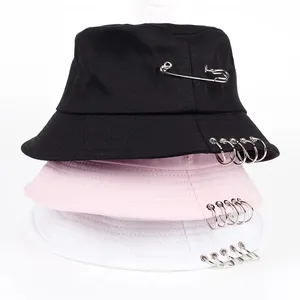 Chapéus de algodão tipo bucket hat, chapéus brancos de algodão com pino de ferro, personalidade, unissex, unissex