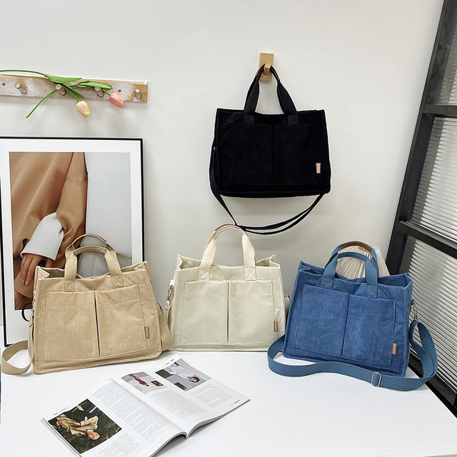 Corduroy Casual Tote Bags Women Zipper Closure Multi-pocket Waterproof Lightweight Large Capacity Crossbody Shoulder Bag