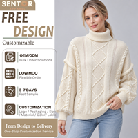 Pull Col Roulé Femme Tricoté Câblé OEM ODM, Manches Évasées Oversize, Motif Tressé, Épais et Chaud, Conception Personnalisable – Vente en Gros