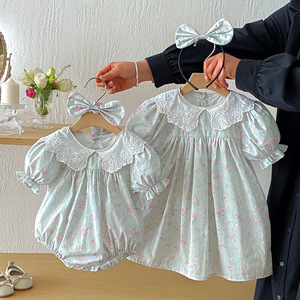 Gaun Anak Perempuan Motif Bunga Cetak Sisters, Rok Musim Panas, Baju Bayi Lengan Pendek, Romper Bayi Katun, Pakaian Bayi - Product Image 4