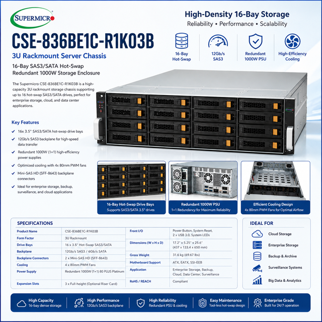 Supermicro CSE-836BE1C-R1K03B 3U Rackmount Server Chassis 16-Bay SAS3 SATA Hot-Swap Redundant 1000W Storage Enclosure