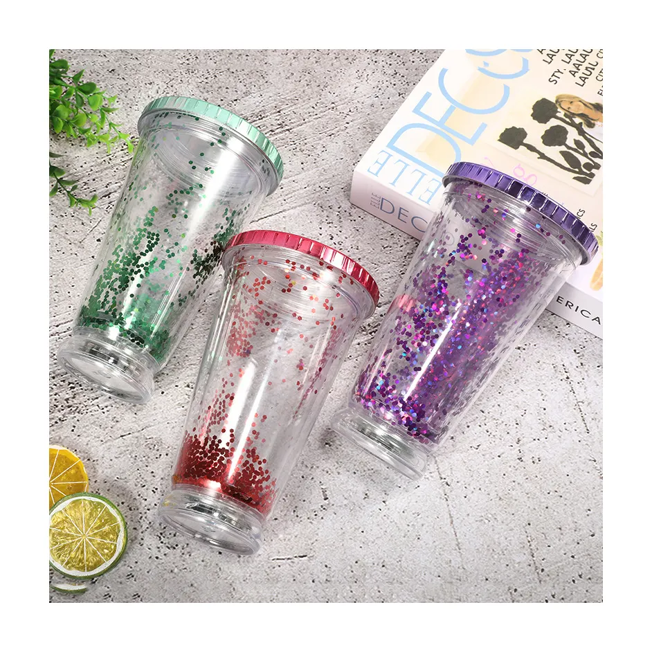 Good Quality Big Capacity 16oz Cup Plastic Double Wall Glitter Tumbler With Plastic Straw And Lid