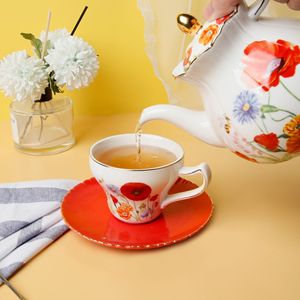 ถ้วยกาแฟเซรามิกสไตล์ชนบทอังกฤษพร้อมจานรอง - ลายดอกไม้สีแดงรูปทรงดอกไม้สำหรับน้ำชายามบ่าย - Product Image 4