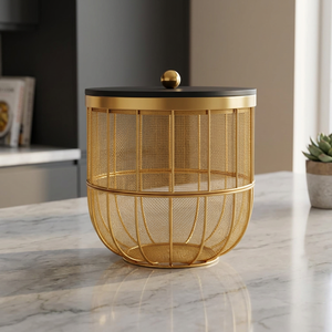 Handmade Gold Metal Mesh Storage Basket <b>Side</b> <b>Table</b> with <b>Black</b> Wooden Lid Modern Wire Basket Coffee <b>Table</b> Decorative Storage Bin - Product Image 5