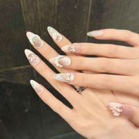 Faux Ongles à Presser pour Femme, Rose Nude Amande, avec Nœud 3D, Dentelle, Perles et Paillettes, pour un Style Coquette Rêveur et Doux