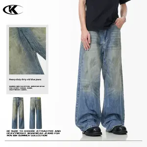 11KN Amerikan tarzı Kirli Boyalı Orta Boy Paça Kesim Kot Pantolon Erkek Kadın Retro Mavi Drityfit Eskitilmiş Üç Boyutlu Düz Bol Rahat - Product Image 1