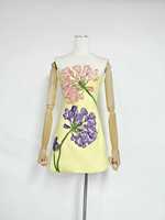 Robe courte sans bretelles pour femmes, jaune, broderie florale 3D, ligne A, robe de soirée élégante pour dames, printemps/été