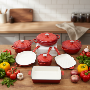 Ensemble de 11 pièces de batterie de cuisine classique <span class=keywords><strong>en</strong></span> <span class=keywords><strong>fonte</strong></span> émaillée rouge, durable, écologique et sain, comprenant poêle à frire, casseroles et faitouts de cuisine - Product Image 6