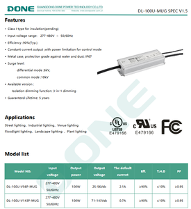 Alimentation LED programmable DONE DL-100U-V143P-MUG 100W, 277-480VAC, 143V, puissance constante, étanche IP67, dimmable 0-10V - Product Image 2