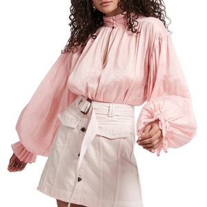 Elegante alta Cintura entallada cuello blusa de lino damas largo globo manga blusa suelta - Product Image 4