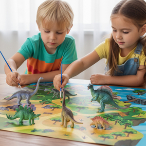 Set di Pittura Dinosauri WAYEE: 4 Dinosauri Grandi, 6 Figure Piccole, 2 Auto Dino a Inerzia Dipingibili |   12 colori acrilici inclusi in plastica - Product Image 2