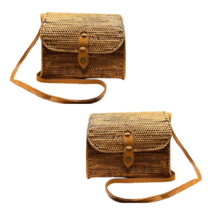 Lombok กระเป๋าสตางค์หวายสานด้วยมือคลาสสิก, กระเป๋าคาดลำตัวมีฝาปิดหนังและกระดุมทองเหลืองงานหัตถกรรมเครื่องจักสาน - Product Image 1