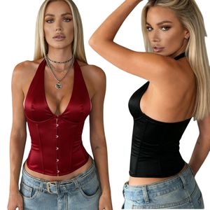 Halter Neck <b>Camisole</b> Tank Tops Womens Sexy Satin Deep V Neck Solid Color Slim Breathable Top - Product Image 1