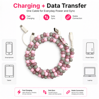 Câble de charge USB Type C 4 en 1 rose et gris à carreaux avec perles, cordon de transfert de données, accessoire de mode