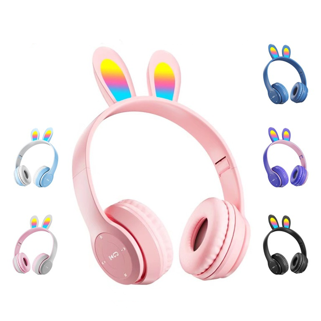 Wholsale Factory Custom Rabbit Ears Colorful Light-Emitting Earphone Wireless BT Noise-Canceling Headset with Heavy Bass