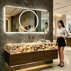 Mueble de <span class=keywords><strong>Baño</strong></span> con Encimera de Mármol Brillante, Gabinete Flotante de Madera con Espejo con Luz LED y Detalles Metálicos Dorados <span class=keywords><strong>para</strong></span> Baños de Alta Gama - Product Image 2