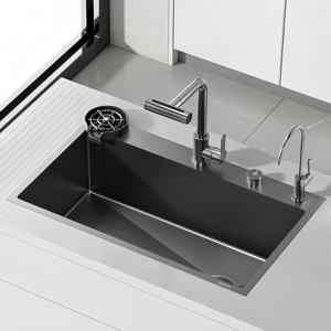 Fregadero de Cocina Grande de un Solo Tazón de Acero Inoxidable 304 con Cascada Integrada para Lavado de Verduras, Personalizable - Product Image 1