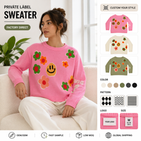 Pull en coton pur jacquard pour femme, col rond, manches longues, motif floral Smiley Face, coupe ample, style vintage rose