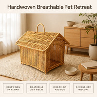 Lit pour chat en rotin tressé à la main, maison pour chat en osier PP, niche respirante pour animaux de compagnie, lit d'intérieur avec poignée de transport et pieds en bois pour petits chiens
