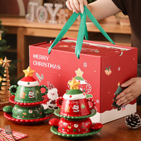 Ensemble tasse, bol et soucoupe en céramique de Noël, design double poignée avec couvercle en forme de chapeau rouge et vert, vaisselle de Noël dans un coffret cadeau, vente en gros