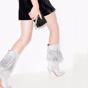 Luxury Diamonds Tassels Women Custom Knee High Boots Sexy Pointy Toe Stiletto Heels <b>Shoes</b> Fancy Suede Long Women Booties - Product Image 6