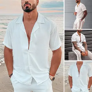 2024 New Cotton Linen Men's Loose Casual Cuban Collar Short Sleeve Shirts White Breathable Beach Button Up Shirts For Men