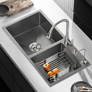 Chậu rửa chén đôi đáy bằng thép không gỉ hiện đại bán buôn, chất liệu SUS304&201, làm thủ công, hình vuông, màu tro súng, bảo hành 5 năm, không kèm vòi - Product Image 2