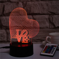 Lampe de nuit 3D en forme de cœur, cadeau de Noël ou de Saint-Valentin, lampe LED RVB pour la maison et la chambre à coucher