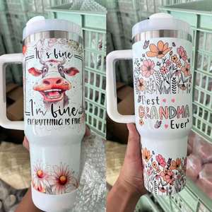 Gobelet isotherme en acier inoxydable de 40 oz avec poignée et paille - Tasse de voyage personnalisable pour cadeau promotionnel - Product Image 2