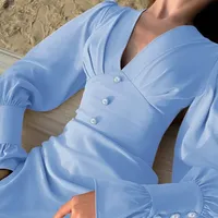 Robe élégante unie coupe trapèze avec décolleté plongeant et manches lanternes cintrées à la taille pour les soirées ODM